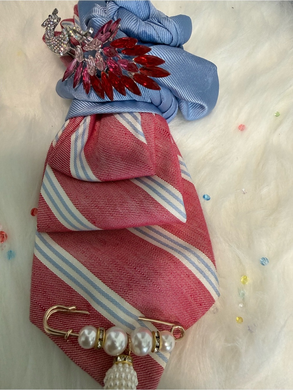 Striped Pink & Light Blue Silk Tie with Pearl Brooch